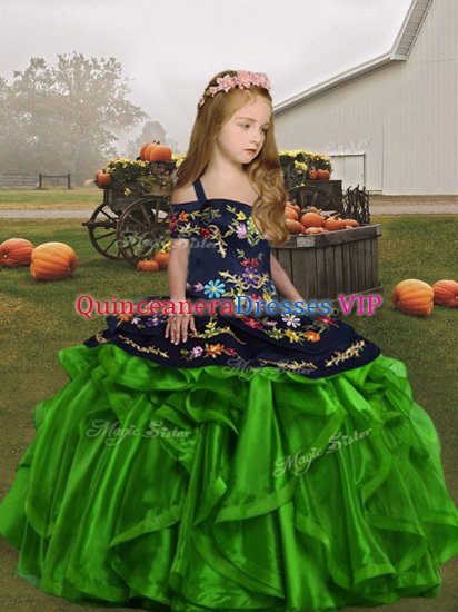 Lace Up Straps Embroidery and Ruffles Kids Formal Wear Organza Sleeveless - Click Image to Close