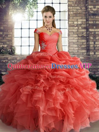 Off The Shoulder Sleeveless Organza Quince Ball Gowns Beading and Ruffles and Pick Ups Lace Up