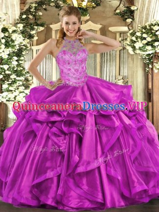 Fuchsia Ball Gowns Beading and Embroidery and Ruffles Quinceanera Gowns Lace Up Organza Sleeveless Floor Length