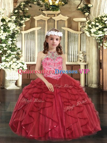 Red Ball Gowns Beading and Ruffles High School Pageant Dress Lace Up Tulle Sleeveless Floor Length - Click Image to Close
