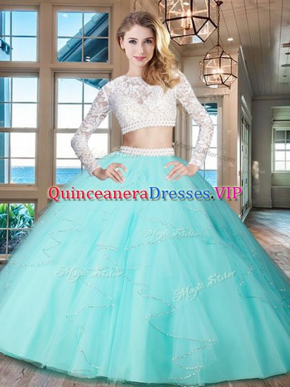 Scoop Long Sleeves Zipper Floor Length Beading and Lace and Ruffles Sweet 16 Quinceanera Dress - Click Image to Close
