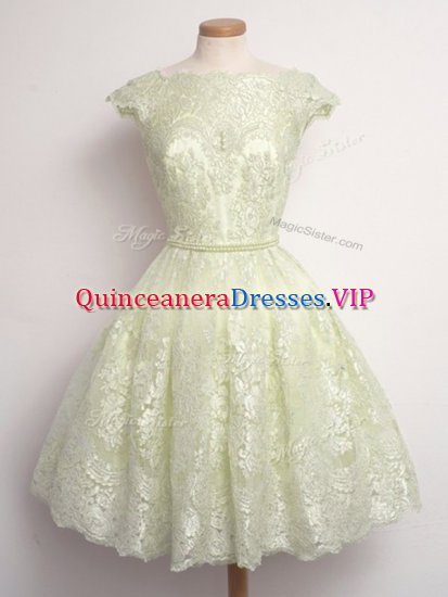Modern A-line Quinceanera Court of Honor Dress Light Yellow Scalloped Lace Cap Sleeves Knee Length Lace Up - Click Image to Close