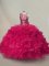 Hot Pink Sweetheart Neckline Ruffles and Sequins Quinceanera Gowns Sleeveless Lace Up