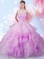 Clearance High-neck Sleeveless Tulle Quinceanera Gown Beading and Ruffles Lace Up