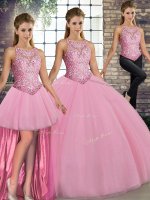 Glittering Floor Length Three Pieces Sleeveless Pink Quince Ball Gowns Lace Up