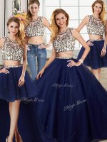 Four Piece Scoop Navy Blue Cap Sleeves With Train Beading Backless 15th Birthday Dress