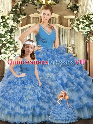 Hot Sale Floor Length Backless Vestidos de Quinceanera Blue for Sweet 16 and Quinceanera with Ruffled Layers and Ruching