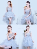 Clearance Grey Lace Up Scoop Lace and Ruffles and Ruffled Layers and Bowknot Dama Dress for Quinceanera Organza Sleeveless