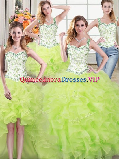 Four Piece Yellow Green Organza Lace Up Straps Sleeveless Floor Length Sweet 16 Dress Beading and Lace and Ruffles - Click Image to Close
