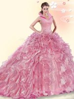 Pink Ball Gowns Organza High-neck Sleeveless Beading and Ruffles Backless 15th Birthday Dress Brush Train