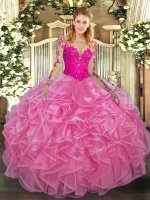 Romantic Scoop Long Sleeves Quince Ball Gowns Floor Length Lace and Ruffles Rose Pink Organza