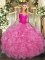Romantic Scoop Long Sleeves Quince Ball Gowns Floor Length Lace and Ruffles Rose Pink Organza
