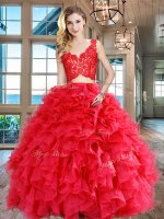 Romantic Red Sleeveless Organza Zipper Quinceanera Gowns for Military Ball and Sweet 16 and Quinceanera