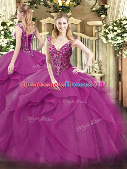 Lilac Tulle Lace Up Sweet 16 Dresses Sleeveless Floor Length Beading and Ruffles - Click Image to Close
