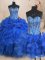 Three Piece Floor Length Royal Blue Quinceanera Gowns Organza Sleeveless Beading and Ruffles