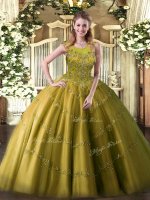 Shining Floor Length Zipper Ball Gown Prom Dress Olive Green for Military Ball and Sweet 16 and Quinceanera with Appliques(SKU SJQDDT1226002-3BIZ)