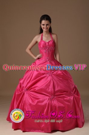 American Fork Utah/UT Hot Pink Halter Quinceanera Dress Beading and Pick-ups For Exclusive Sweetheart
