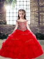 Popular Red Organza and Tulle Lace Up Little Girls Pageant Gowns Sleeveless Floor Length Beading