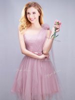 Elegant One Shoulder Mini Length A-line Sleeveless Pink Dama Dress for Quinceanera Lace Up