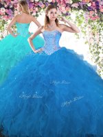 Customized Beading Quinceanera Gowns Blue Lace Up Sleeveless Floor Length