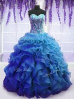 Blue Lace Up Sweet 16 Dress Beading and Ruffles Sleeveless Floor Length