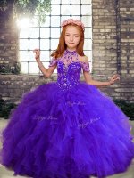 Purple Ball Gowns Beading and Ruffles Little Girls Pageant Gowns Lace Up Tulle Sleeveless Floor Length(SKU PAG1235-8BIZ)