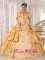 ostersund Sweden Taffeta Off The Shoulder and Short Sleeves Yellow Quinceanera Dress With Embroidery and Pick-ups