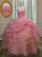 Comfortable Pink Sweet 16 Dress Military Ball and Sweet 16 and Quinceanera with Embroidery and Pick Ups Strapless Sleeveless Lace Up