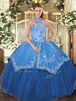 Discount Teal Ball Gowns Halter Top Sleeveless Satin and Tulle Floor Length Lace Up Beading and Embroidery Vestidos de Quinceanera(SKU SJQDDT1274002-3BIZ)