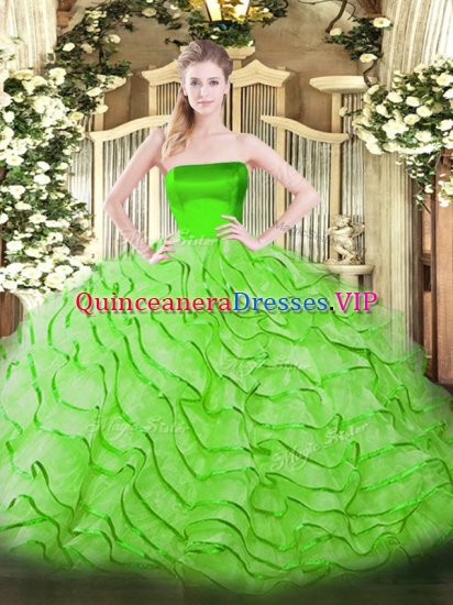 High End Ball Gowns Strapless Sleeveless Tulle Brush Train Zipper Ruffles Sweet 16 Dress - Click Image to Close