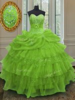 Yellow Green Sweetheart Neckline Beading and Ruffled Layers and Pick Ups Quinceanera Gown Sleeveless Lace Up