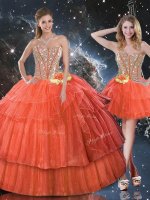 Rust Red Ball Gowns Ruffled Layers and Sequins Military Ball Gown Lace Up Organza Sleeveless Floor Length