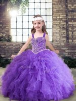 Straps Sleeveless Tulle Pageant Dress for Girls Beading and Ruffles Lace Up