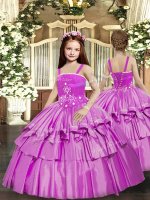 Beauteous Lilac Taffeta Lace Up Straps Sleeveless Floor Length Pageant Gowns For Girls Beading and Ruffled Layers(SKU PAG1080BIZ)