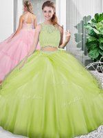 Customized Floor Length Yellow Green Quinceanera Dresses Scoop Sleeveless Lace Up