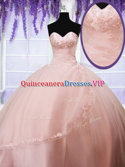 Baby Pink Sweetheart Neckline Beading and Appliques Ball Gown Prom Dress Sleeveless Lace Up - Click Image to Close