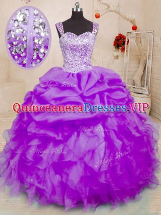 Straps Sleeveless Ball Gown Prom Dress Floor Length Beading and Ruffles and Pick Ups Purple Organza