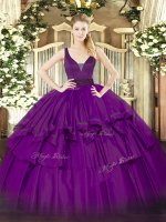 Purple Zipper Straps Beading and Ruffled Layers 15 Quinceanera Dress Organza Sleeveless