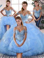Custom Design Blue Lace Up Sweet 16 Quinceanera Dress Beading and Ruffles