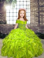 Olive Green Ball Gowns Straps Sleeveless Organza Floor Length Lace Up Beading Girls Pageant Dresses