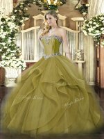 Adorable Sweetheart Sleeveless Ball Gown Prom Dress Floor Length Beading and Ruffles Olive Green Tulle