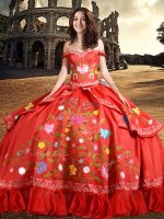 Off the Shoulder Taffeta Sleeveless Floor Length Sweet 16 Dresses and Embroidery and Bowknot(SKU XBQD014BIZ)