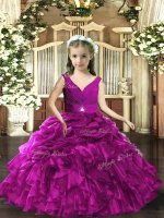 Purple Sleeveless Beading and Ruffles and Ruching Floor Length Little Girl Pageant Dress