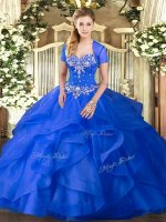Romantic Blue Quince Ball Gowns Military Ball and Sweet 16 and Quinceanera with Beading and Ruffles Sweetheart Sleeveless Lace Up
