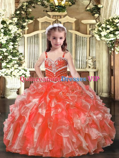 Adorable Floor Length Lace Up Pageant Dress Orange Red for Party and Sweet 16 and Wedding Party with Beading and Ruffles - Click Image to Close