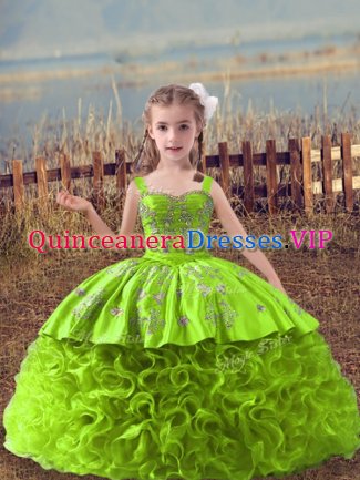 Sleeveless Embroidery Lace Up Winning Pageant Gowns with Yellow Green Sweep Train