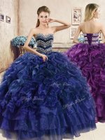 Navy Blue Ball Gowns Beading and Ruffles Quince Ball Gowns Lace Up Organza Sleeveless Floor Length(SKU YYPJ036BIZ)