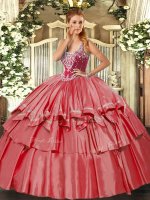 High Class Straps Sleeveless Lace Up Quince Ball Gowns Coral Red Organza and Taffeta