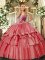 High Class Straps Sleeveless Lace Up Quince Ball Gowns Coral Red Organza and Taffeta