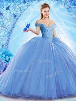 Exceptional Sleeveless Organza Brush Train Lace Up Vestidos de Quinceanera in Blue with Beading